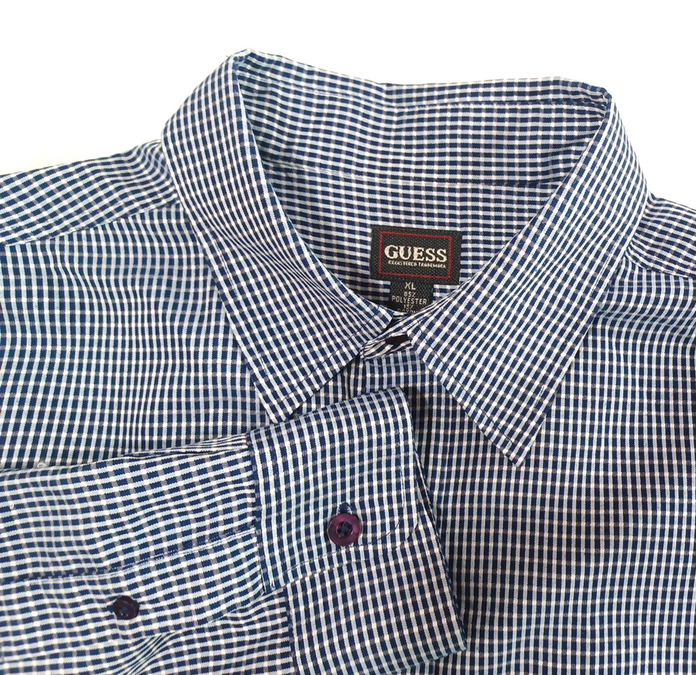 Guess Men’s Blue White Check LS Button Shirt Sz XL Hidden Pocket Travel
